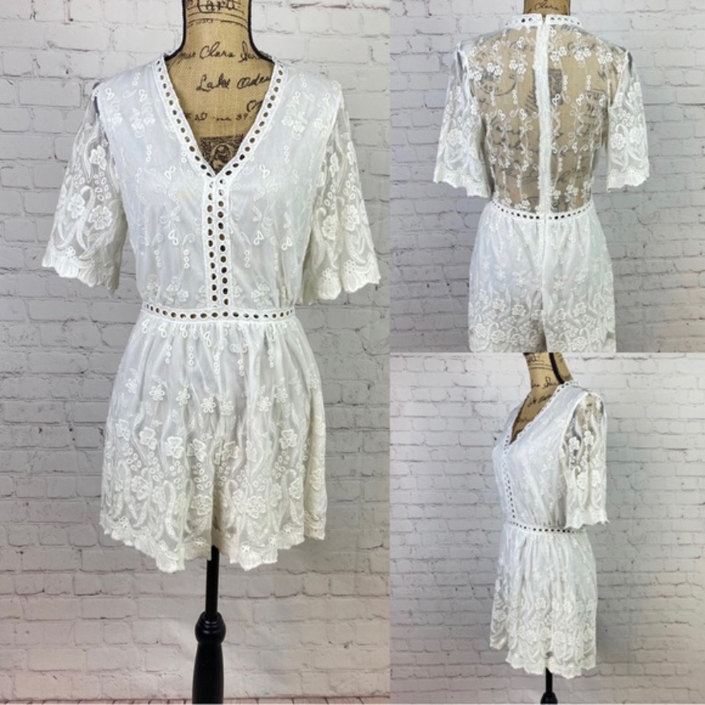 Available White Sheer Lace Back Romper